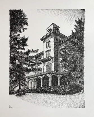 Pen and ink drawing of a building.